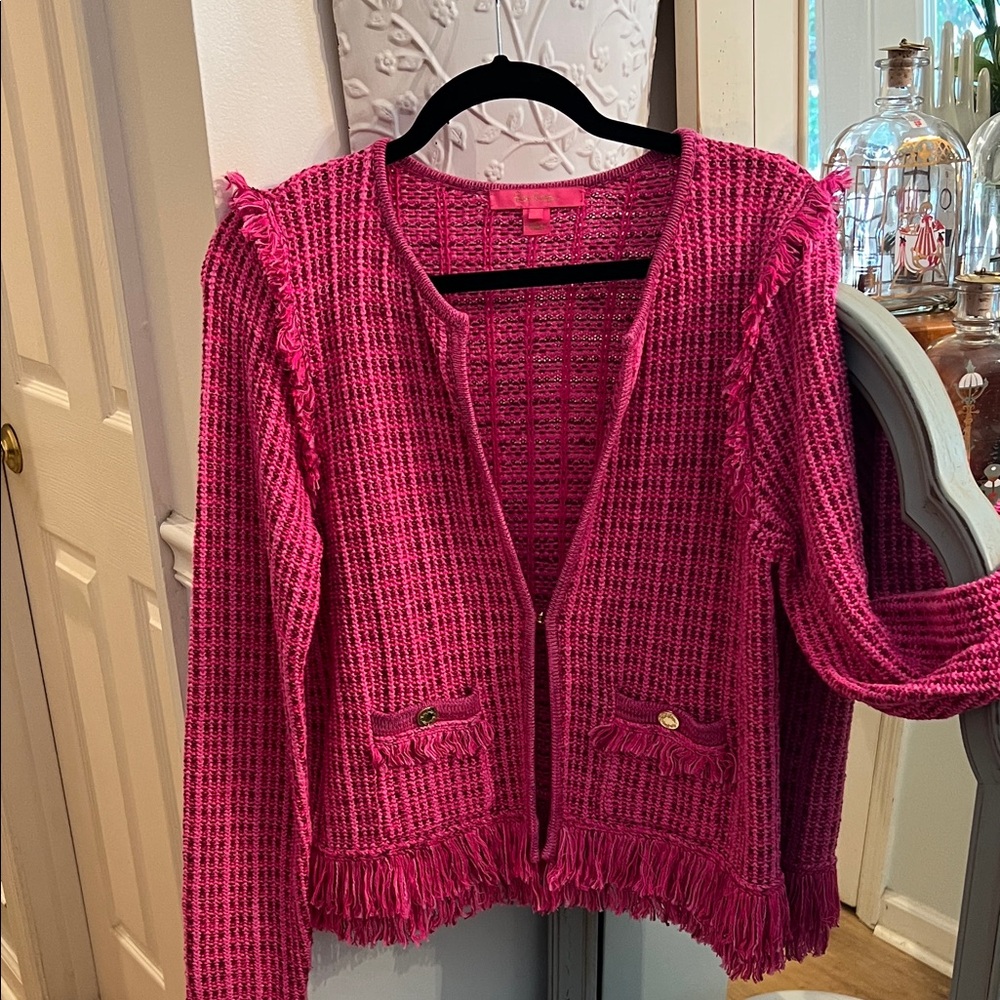 Lilly Pulitzer Simora Cardigan in Pink Palms Exotic Tweed EEEUC